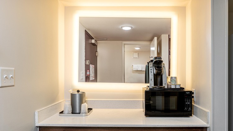 Microwave, coffee machine, and LED backlit mirror